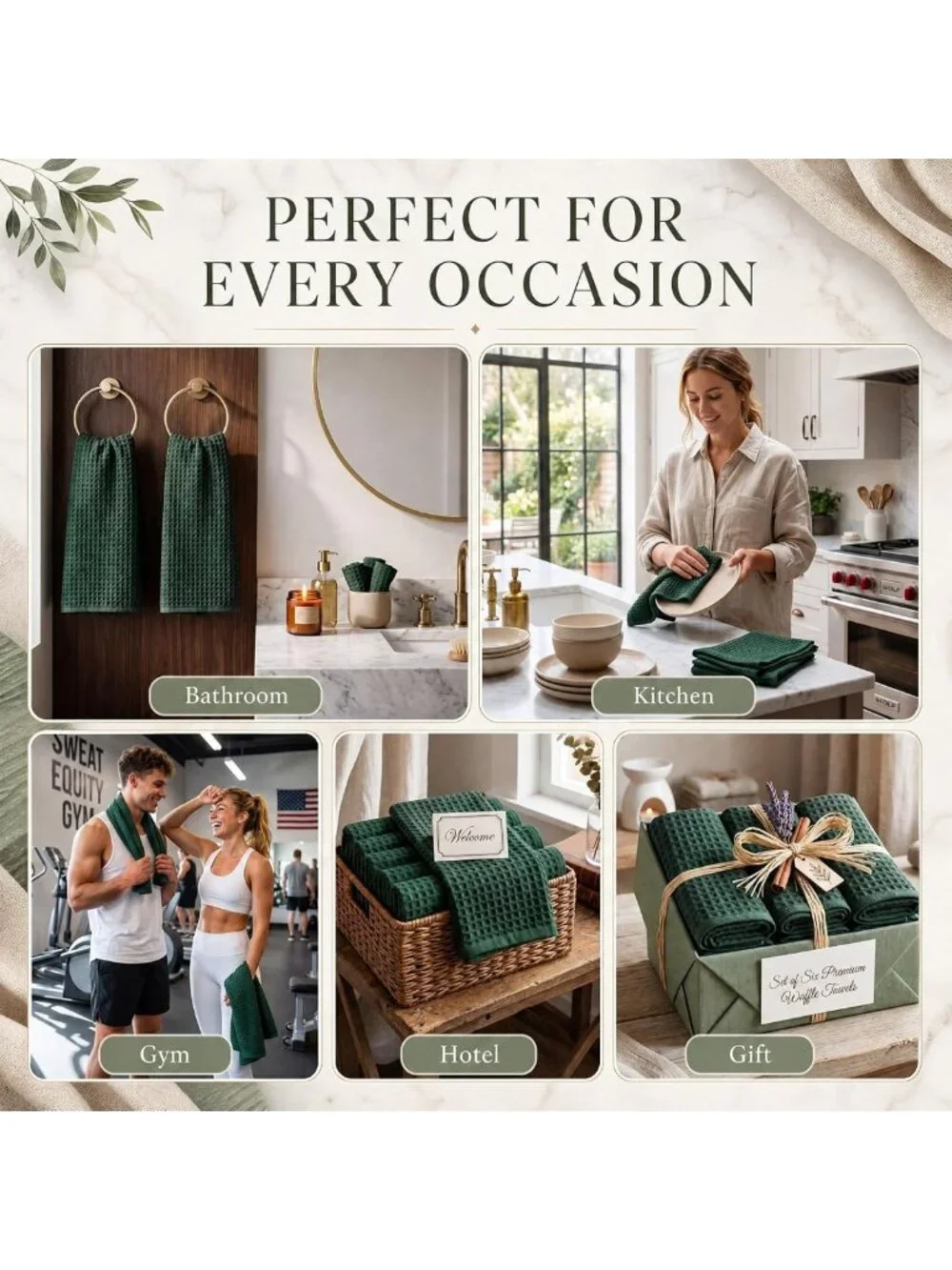6 Pcs Dark Green Waffle Weave Hand Towels - Soft, Absorbent, Quick Dry, Boho